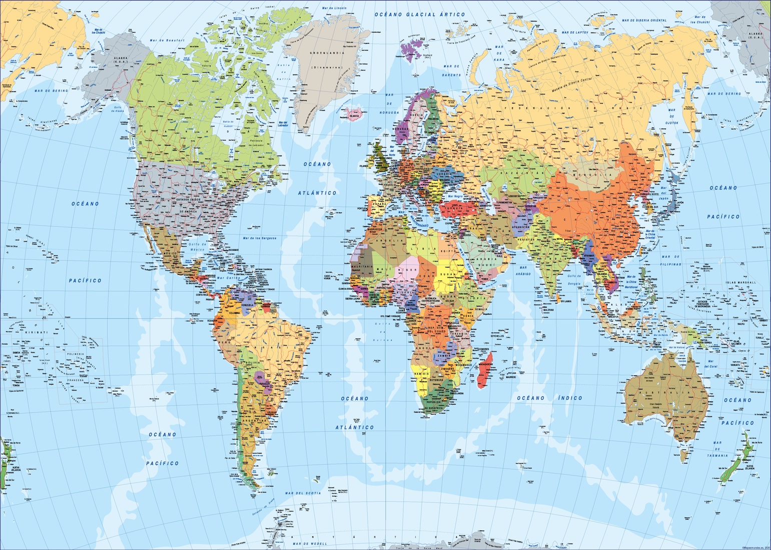 Mapa mundo español | Mapas para México, USA y Canada de pared murales