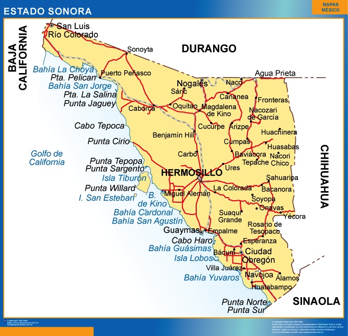 Mapa Estado Sonora | Mapas para México, USA y Canada de pared murales